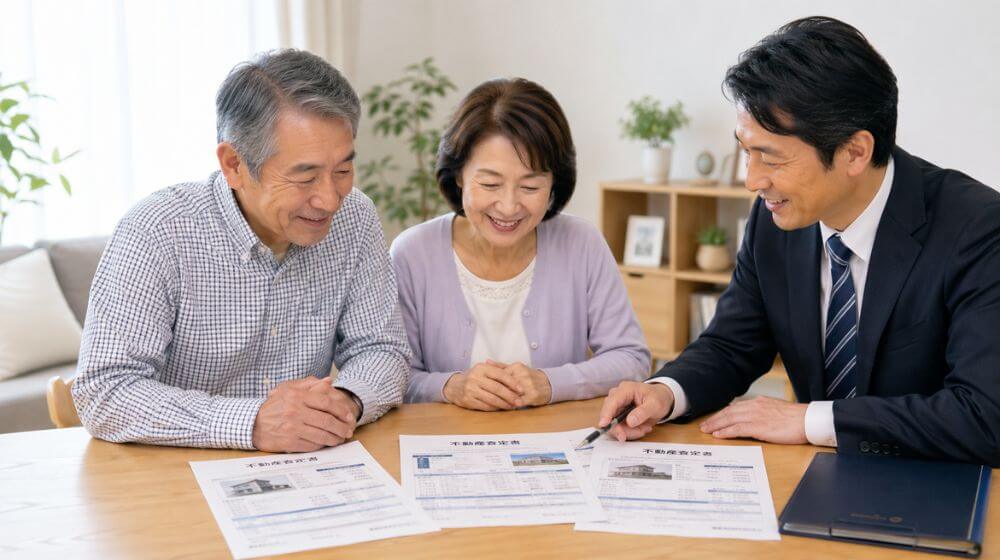 複数の不動産査定書を見ながら安心した表情を浮かべる60代夫婦