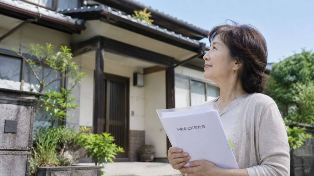 実家じまいを終えて安心した表情で実家を見つめる