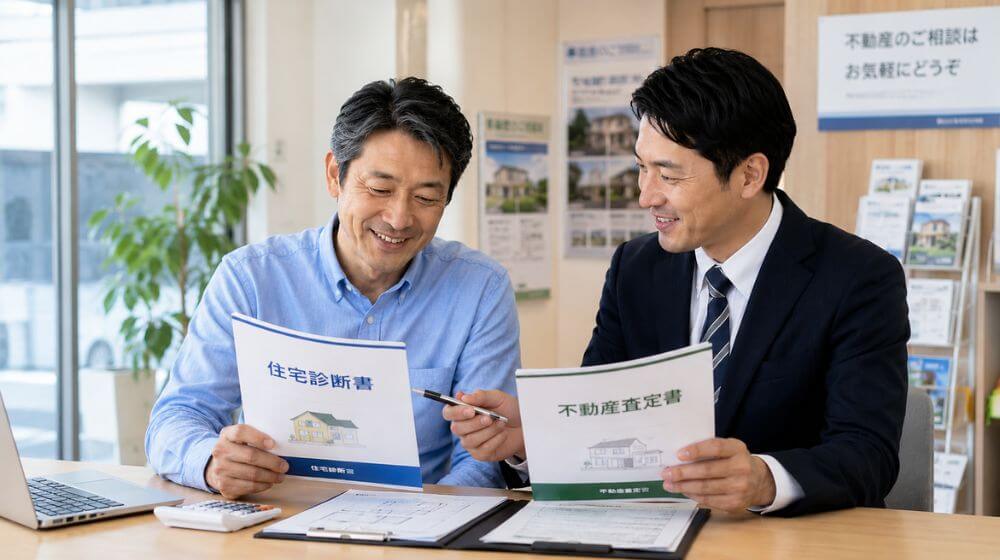 雨漏りした家の住宅診断書と不動産査定書を見比べる