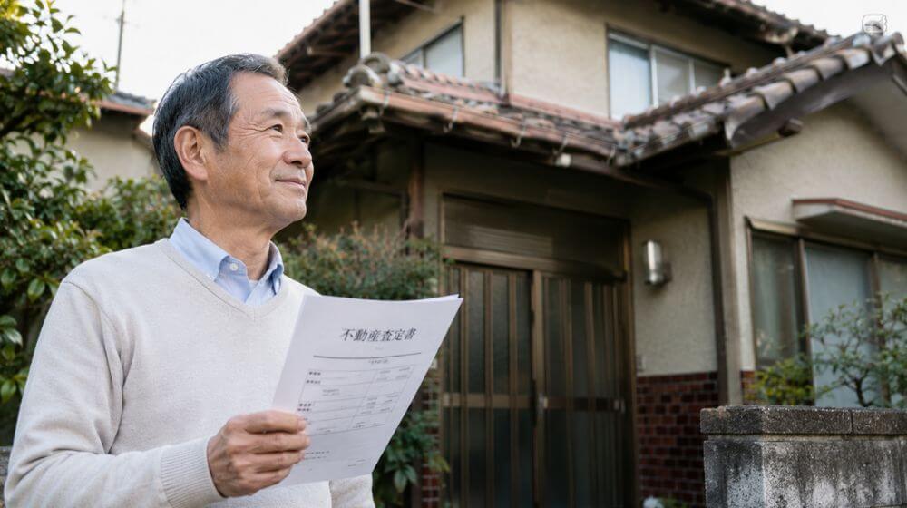 不動産会社の査定書を手に、古い実家を見つめながら安心した表情