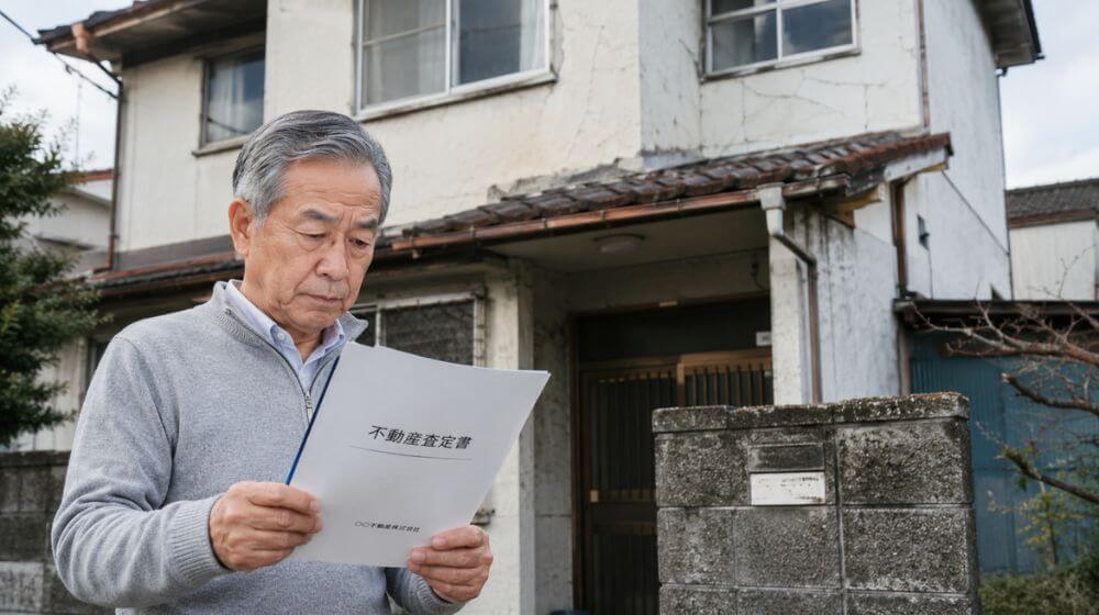 築60年の一戸建ての前で査定結果を確認